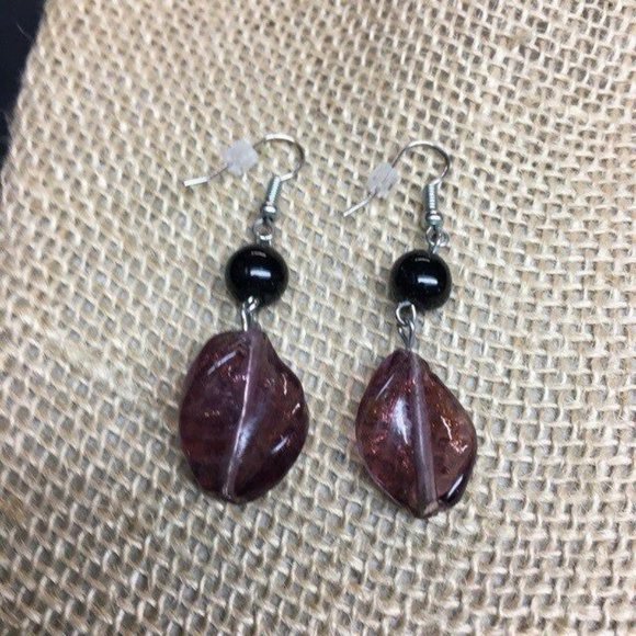 Double Dangle Pierced Earrings Purple Twist Black Round Silver Hook Retro BoHo - Picture 2 of 3